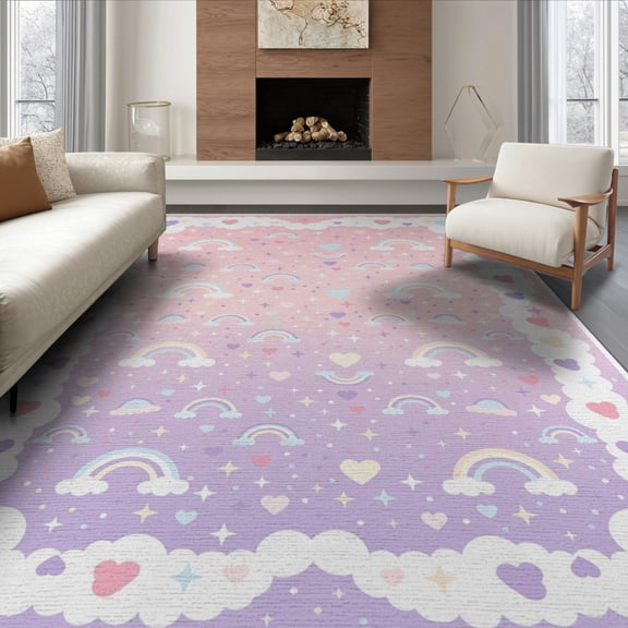ODIKA 8'x10' Washable Area Rug Large Pink Confetti Stars Border Ombre Gradient Watercolor Motifs for Living Room, Under Sectional, Family , Durable, Non-Slip