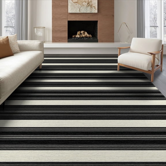 ODIKA 8'x10' Washable Area Rug Layering Transitional Banded Contrasting Stripes Stripe Striped for King Size Bedroom Under Bed, Master Suite, Non-Shedding, Easy Care