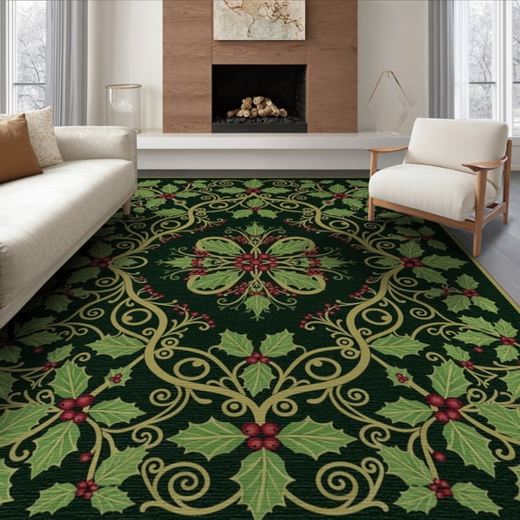 ODIKA 8'x10' Washable Area Rug Leaves Rings Festive Botanical Snake Motif Border Circle Round Flowing Dynamic for Dining Room, Large Office, Lounge, Non-Slip Chair-Friendly Mat