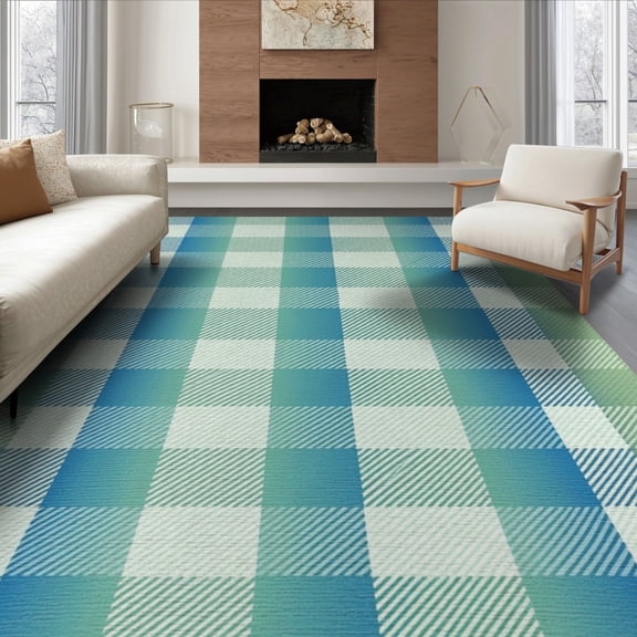 ODIKA 8'x10' Washable Area Rug Lime Farmhouse Striped Checkered Fade Crisp Smooth Bands Areaa for Living Room, Under Sectional, Family , Durable, Non-Slip