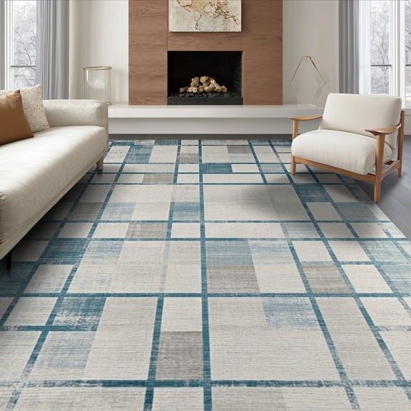 ODIKA 8'x10' Washable Area Rug Livingroom Abstract Minimalist Grid Vintage Faded Neutral Grey for King Size Bedroom Under Bed, Master Suite, Non-Shedding, Easy Care