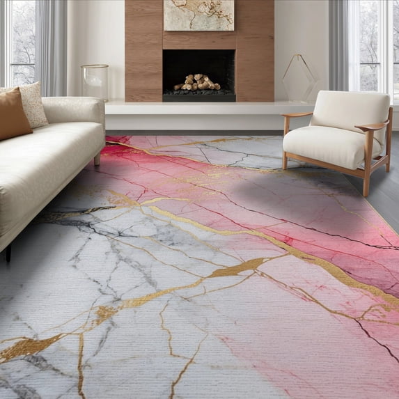 ODIKA 8'x10' Washable Area Rug Marble Gradient Abstract With Modern Gold Veined Border Accents for Dining Room, Large Office, Lounge, Non-Slip Chair-Friendly Mat