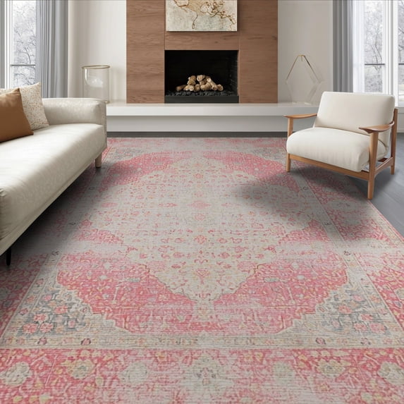 ODIKA 8'x10' Washable Area Rug Mauve Dusty Vintage Distressed Trellis Scroll Border Boho Motifs for Living Room, Under Sectional, Family , Durable, Non-Slip
