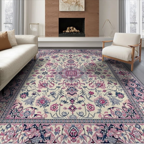 ODIKA 8'x10' Washable Area Rug Mauve Rose Floral Medallion With Vintage Scroll Border And Trellis for King Size Bedroom Under Bed, Master Suite, Non-Shedding, Easy Care