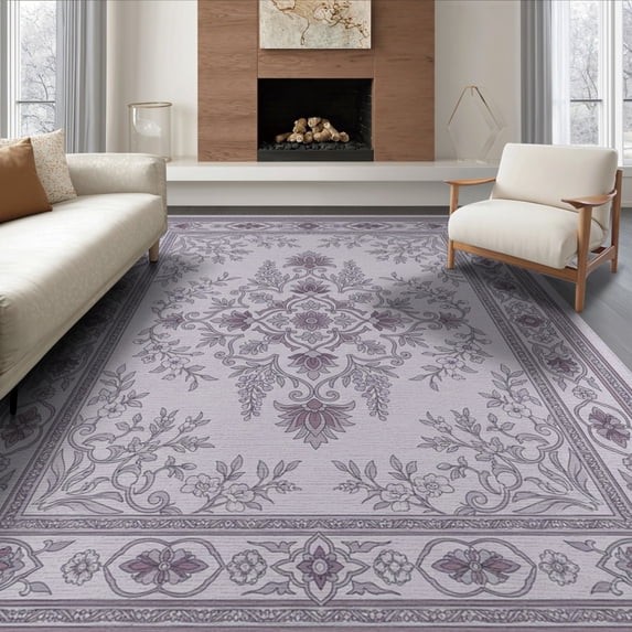 ODIKA 8'x10' Washable Area Rug Medallion With Scrolling Wisteria Border Vintage Floral Oriental Playful for King Size Bedroom Under Bed, Master Suite, Non-Shedding, Easy Care