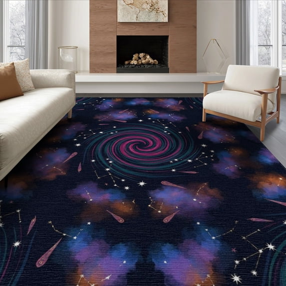 ODIKA 8'x10' Washable Area Rug Meteorite Vortex Motif Uranus Themed Theme Galaxy Nebula Starry Playful for King Size Bedroom Under Bed, Master Suite, Non-Shedding, Easy Care
