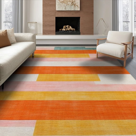 ODIKA 8'x10' Washable Area Rug Mid Abstract Century Striped Geometric Contemporary Retro Pink for King Size Bedroom Under Bed, Master Suite, Non-Shedding, Easy Care