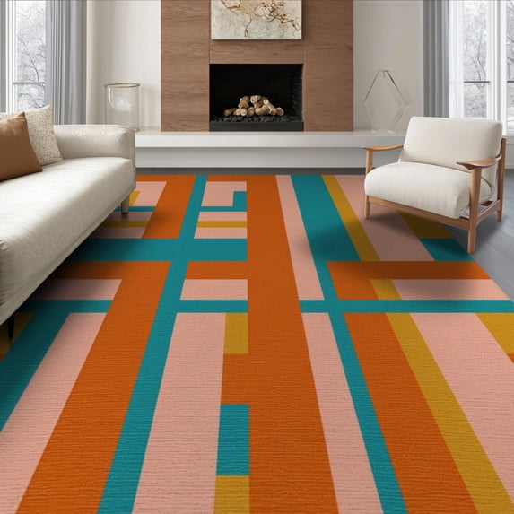 ODIKA 8'x10' Washable Area Rug Mid Century Burnt Orange Blush Interlocking Graphic Retro Pink for Dining Room, Large Office, Lounge, Non-Slip Chair-Friendly Mat