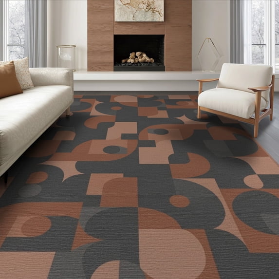 ODIKA 8'x10' Washable Area Rug Mid Century Shapes Minimalist Border Brushstroke Interlocking Abstract Flowing for King Size Bedroom Under Bed, Master Suite, Non-Shedding, Easy Care