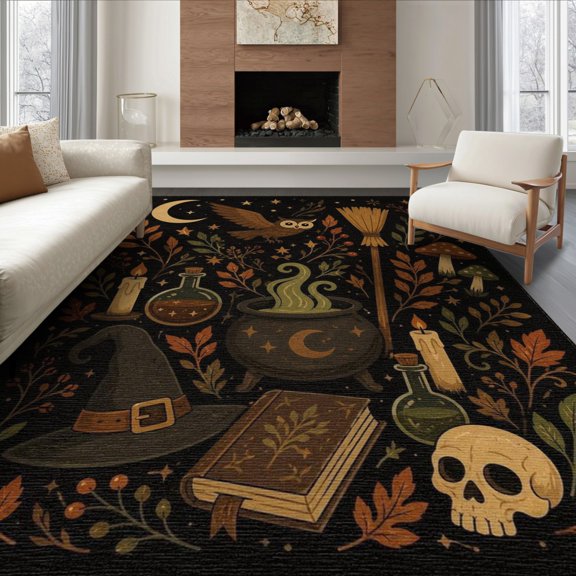 ODIKA 8'x10' Washable Area Rug Midnight Black Enchanted Forest Design Accent Mystical with Owl and Moon Motifs for Living Room, Under Sectional, Family , Durable, Non-Slip
