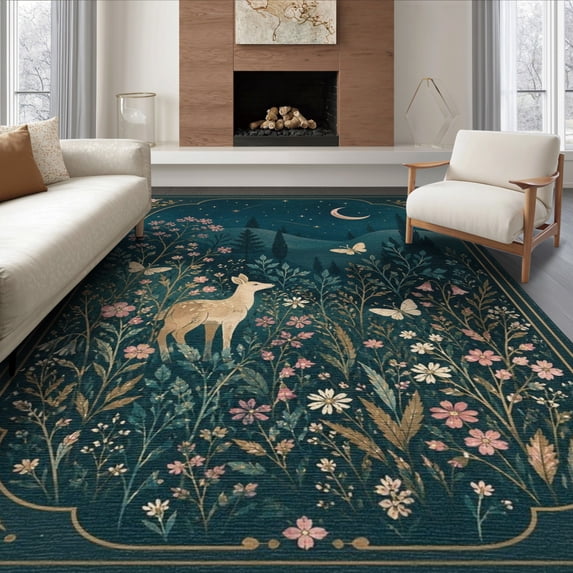 ODIKA 8'x10' Washable Area Rug Midnight Blue Enchanted Forest Whimsical Night Scene with Deer and Flora for King Size Bedroom Under Bed, Master Suite, Non-Shedding, Easy Care