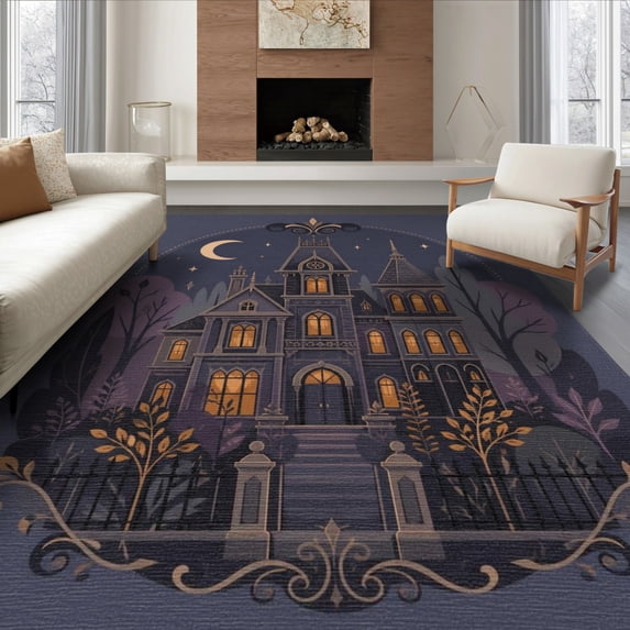 ODIKA 8'x10' Washable Area Rug Midnight Blue Victorian Manor Inspired Design Elegant Architectural Motifs with Starry for Dining Room, Large Office, Lounge, Non-Slip Chair-Friendly Mat