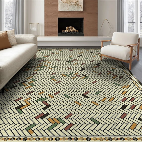ODIKA 8'x10' Washable Area Rug Minimalist Zigzag Field Farmhouse Motifs Striped Herringbone Flowing Dynamic for Dining Room, Large Office, Lounge, Non-Slip Chair-Friendly Mat