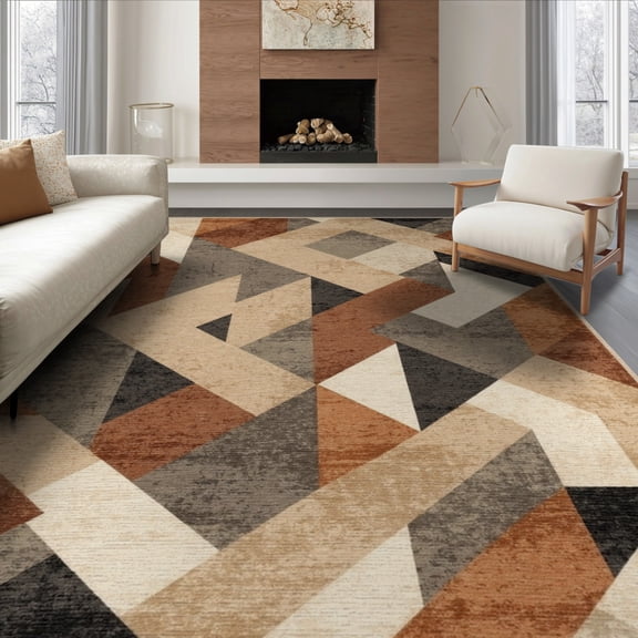 ODIKA 8'x10' Washable Area Rug Modern Angular Shapes Faded Urban Design Assorted Multi Tone Surface for King Size Bedroom Under Bed, Master Suite, Non-Shedding, Easy Care