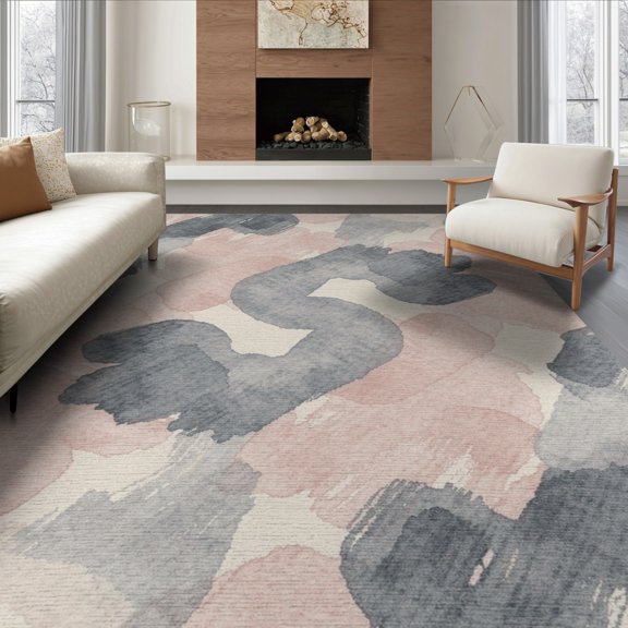 ODIKA 8'x10' Washable Area Rug Modern Brushstroke Art With Interlocking Watercolor Color Blocks Abstract for Dining Room, Large Office, Lounge, Non-Slip Chair-Friendly Mat