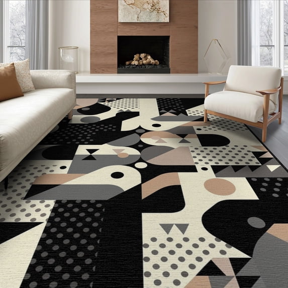 ODIKA 8'x10' Washable Area Rug Modern Composition Scattered Dots Triangles Contrasting Block for King Size Bedroom Under Bed, Master Suite, Non-Shedding, Easy Care