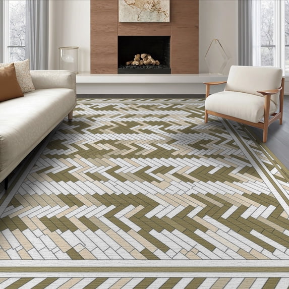 ODIKA 8'x10' Washable Area Rug Modern Minimalist With Geometric Two Tone Stripes Herringbone Flowing Dynamic for King Size Bedroom Under Bed, Master Suite, Non-Shedding, Easy Care