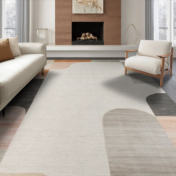 ODIKA 8'x10' Washable Area Rug Modern Neutral Abstract With Minimalist Interlocking Border Accents for Living Room, Under Sectional, Family , Durable, Non-Slip