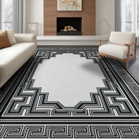 ODIKA 8'x10' Washable Area Rug Monochrome Geometric Greek Key Repeating Balanced Traditional Motif for Living Room, Under Sectional, Family , Durable, Non-Slip