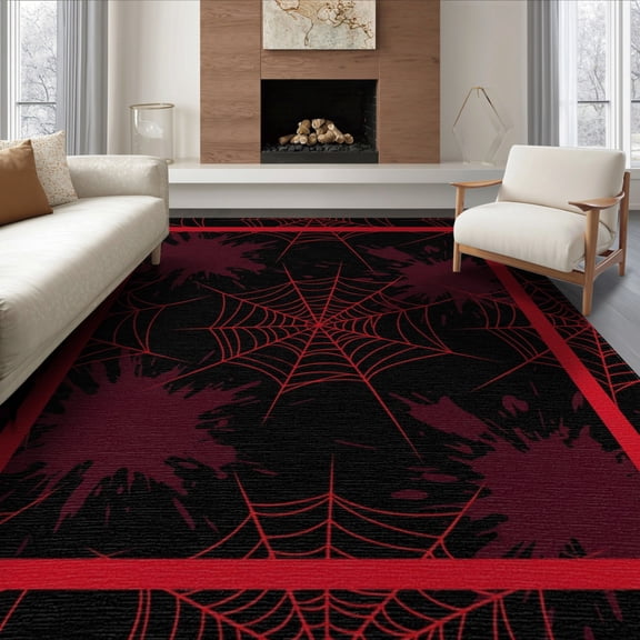 ODIKA 8'x10' Washable Area Rug Motif With Abstract Splatter And Bold Red Strands Spider Web Playful for King Size Bedroom Under Bed, Master Suite, Non-Shedding, Easy Care