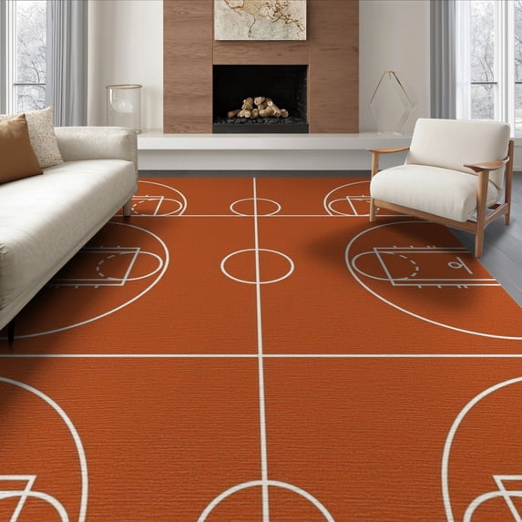 ODIKA 8'x10' Washable Area Rug Motif Blanket Football Center Hoop Striped Round Basketball Bold Playful for Dining Room, Large Office, Lounge, Non-Slip Chair-Friendly Mat