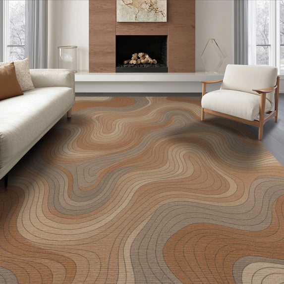 ODIKA 8'x10' Washable Area Rug Motif Concentric Wavy Tone Ridges Map Abstract Elevation Topographic Flowing for Dining Room, Large Office, Lounge, Non-Slip Chair-Friendly Mat