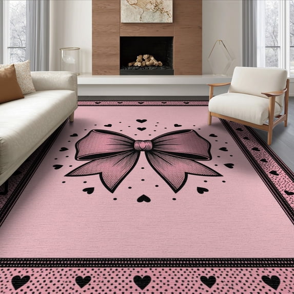 ODIKA 8'x10' Washable Area Rug Motif Dotted Border Shaped Themed Polka Pink Oversized Refined Structured for Dining Room, Large Office, Lounge, Non-Slip Chair-Friendly Mat