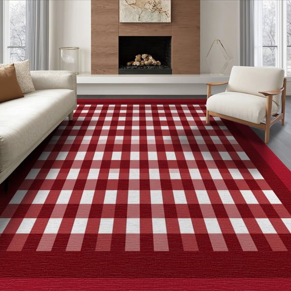 ODIKA 8'x10' Washable Area Rug Motif Farmhouse Gingham Border Frame Plaid Checkered Checked Playful Expressive for Living Room, Under Sectional, Family , Durable, Non-Slip