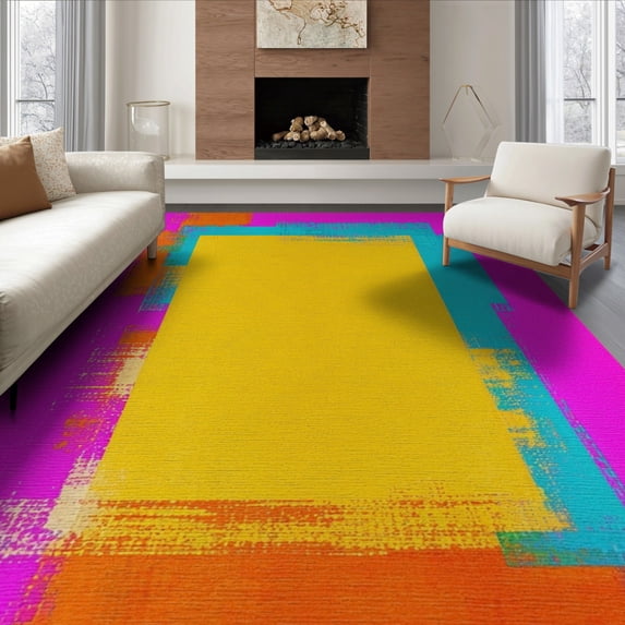ODIKA 8'x10' Washable Area Rug Motifs Abstract Brushstroke Confetti Funky Checkered Pink for Living Room, Under Sectional, Family , Durable, Non-Slip