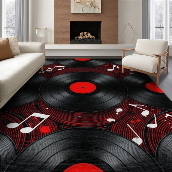 ODIKA 8'x10' Washable Area Rug Music Glossy Note Grooved Disc Round Scattered Musical Movie for Living Room, Under Sectional, Family , Durable, Non-Slip