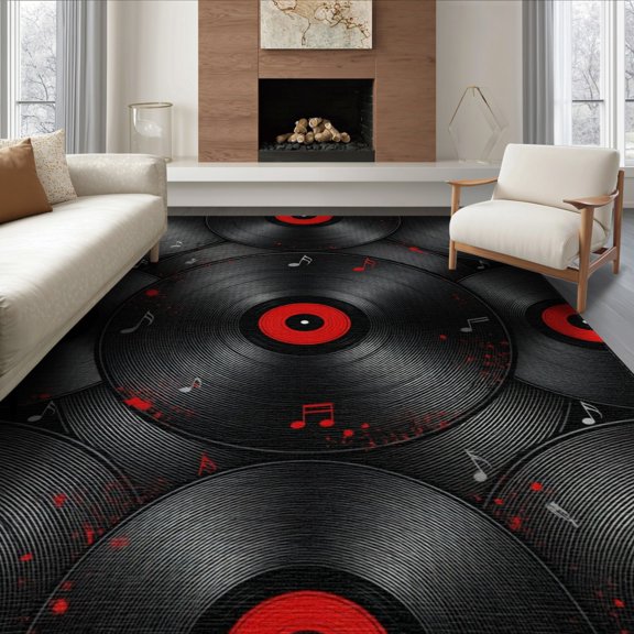 ODIKA 8'x10' Washable Area Rug Music Note Cd Splatter Round Movie Vinyl Eight Record Blanket for Living Room, Under Sectional, Family , Durable, Non-Slip