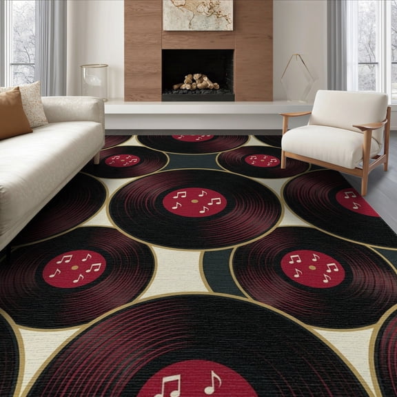 ODIKA 8'x10' Washable Area Rug Music Note Showcasing Phonograph Disc Round Vinyl Record Cd Themed for Dining Room, Large Office, Lounge, Non-Slip Chair-Friendly Mat