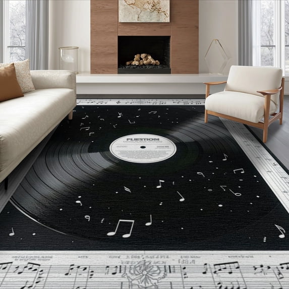 ODIKA 8'x10' Washable Area Rug Music Vinyl Note Record Album Disc Motif Border Round Cd Themed for Living Room, Under Sectional, Family , Durable, Non-Slip