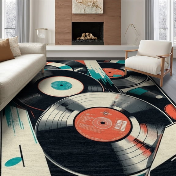 ODIKA 8'x10' Washable Area Rug Music Vinyl Note Record Cd Album Retro Spinning Disc Motif Round for Dining Room, Large Office, Lounge, Non-Slip Chair-Friendly Mat