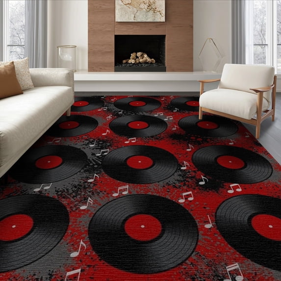ODIKA 8'x10' Washable Area Rug Music Vinyl Note Record Tufted Round Bold Center Movie Eight for Dining Room, Large Office, Lounge, Non-Slip Chair-Friendly Mat