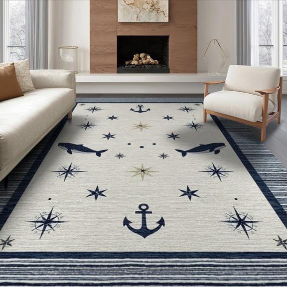 ODIKA 8'x10' Washable Area Rug Nautical Anchor And Whale Motif With Vintage Compass Accents for Living Room, Under Sectional, Family , Durable, Non-Slip