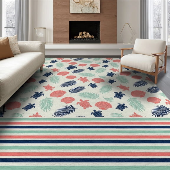 ODIKA 8'x10' Washable Area Rug Nautical Coral Scatter Striped Border Reef Theme Turtle Door Playful Expressive for Living Room, Under Sectional, Family , Durable, Non-Slip