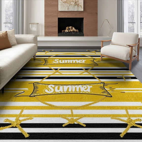 ODIKA 8'x10' Washable Area Rug Nautical Striped Welcome With Anchor Motifs And Sunny Banner for Living Room, Under Sectional, Family , Durable, Non-Slip