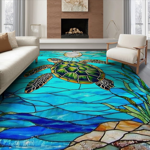 ODIKA 8'x10' Washable Area Rug Nautical Turtle Teal Stained Ocean Mosaic Entryway Beachy Cherry for Dining Room, Large Office, Lounge, Non-Slip Chair-Friendly Mat