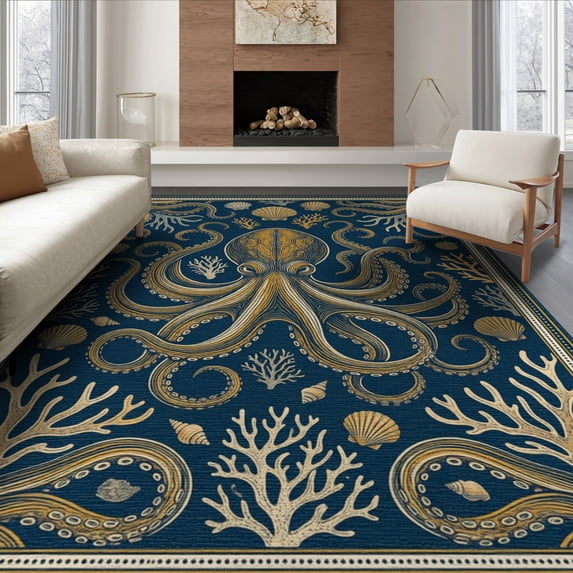 ODIKA 8'x10' Washable Area Rug Nautical Vintage Creature Motif Coral Retro Wave Circle Octopus Refined for Dining Room, Large Office, Lounge, Non-Slip Chair-Friendly Mat