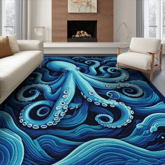 ODIKA 8'x10' Washable Area Rug Navy Animals Octopus Abstract Swirling Tentacle Wave Nautical for King Size Bedroom Under Bed, Master Suite, Non-Shedding, Easy Care