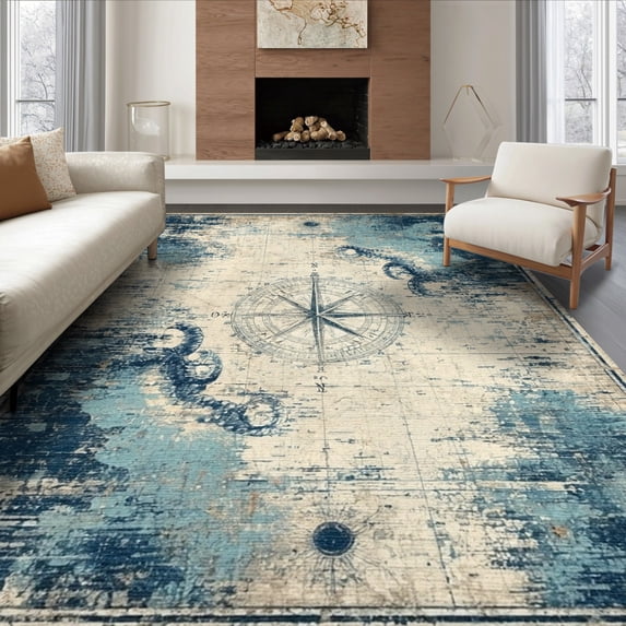 ODIKA 8'x10' Washable Area Rug Navy Blue Vintage Nautical Compass Design Ocean Theme, Marine Life Treasure Map with Octopus for King Size Bedroom Under Bed, Master Suite, Non-Shedding, Easy Care