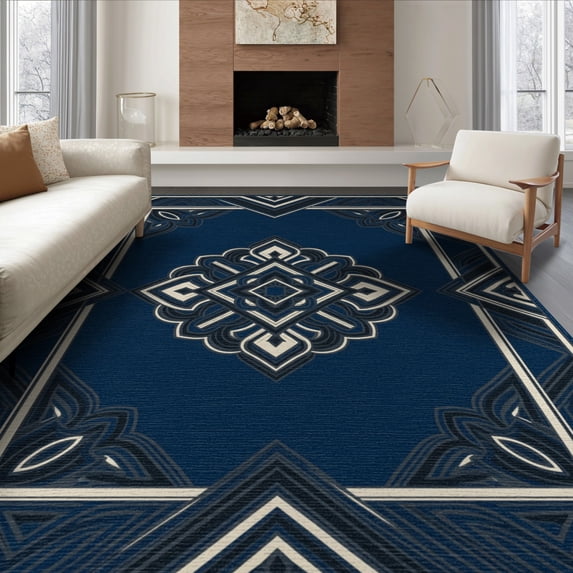 ODIKA 8'x10' Washable Area Rug Navy Large Geometric Balanced Lines Abstract Composition Pile for Living Room, Under Sectional, Family , Durable, Non-Slip