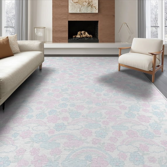 ODIKA 8'x10' Washable Area Rug Navy Print Vintage Motif Entry Cute Scattered Polka Pink Flowing Dynamic for Living Room, Under Sectional, Family , Durable, Non-Slip