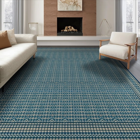 ODIKA 8'x10' Washable Area Rug Navy Solid Geometric That Couch Neutral Dusty Interlocking Diamond with Bordered Frame for Dining Room, Large Office, Lounge, Non-Slip Chair-Friendly Mat