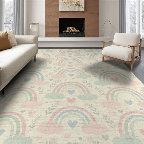 ODIKA 8'x10' Washable Area Rug Navy Whimsical Cute Motifs Entry Scattered Polka Dot Pink Flowing Dynamic for Dining Room, Large Office, Lounge, Non-Slip Chair-Friendly Mat