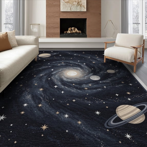 ODIKA 8'x10' Washable Area Rug Nebula Galaxy Starry Planets Motif Planetary Stars Themed Large Flowing Dynamic for Dining Room, Office, Lounge, Non-Slip Chair-Friendly Mat