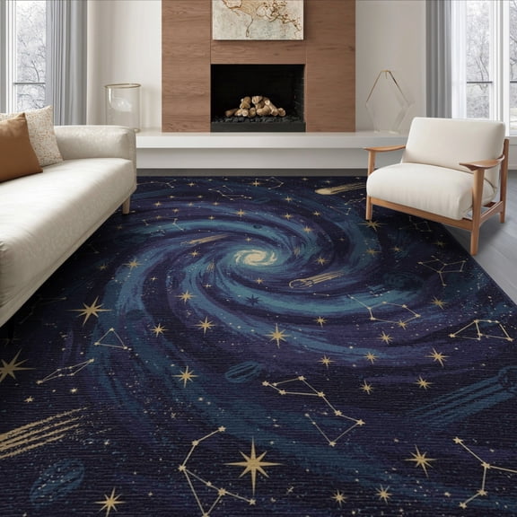 ODIKA 8'x10' Washable Area Rug Nebula Starry Vortex Meteorite Astrology Uranus Themed Galaxy Flowing Dynamic for King Size Bedroom Under Bed, Master Suite, Non-Shedding, Easy Care
