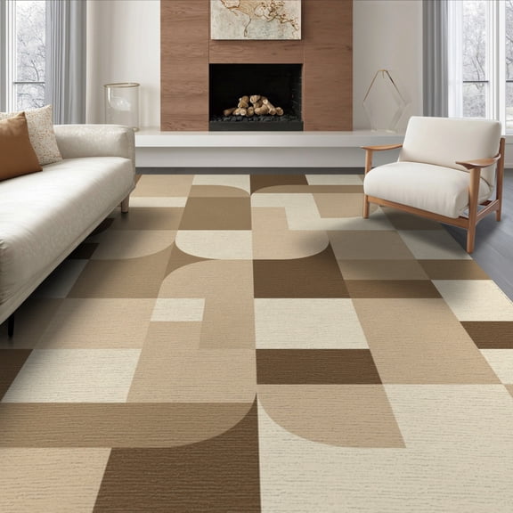ODIKA 8'x10' Washable Area Rug Neutral Block Interlocking Shapes Beige Large Brushstroke Abstract Flowing for Dining Room, Office, Lounge, Non-Slip Chair-Friendly Mat