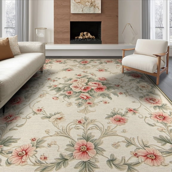 ODIKA 8'x10' Washable Area Rug Neutral Boho Vintage Retro Pastel Scroll Border Solid Chartreuse for Dining Room, Large Office, Lounge, Non-Slip Chair-Friendly Mat